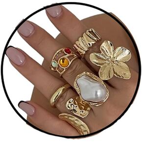 GYRMMUE Vintage Pearl Stacking Ring Set,Gold Plated White Baroque Pearl Finger Rings Irregular Adjustable Pearl Ring Dainty Statement Finger Ring Chunky Mid Ring for Women in Kuwait