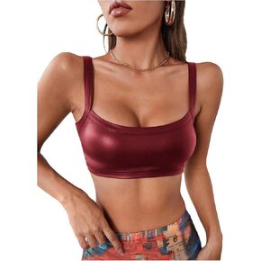 MakeMeChic Women's Faux PU Leather Sleeveless Spaghetti Strap Crop Cami Top