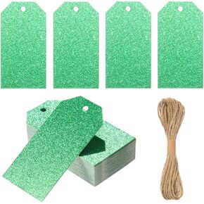 240 PCS بريق هدايا مع سلسلة - جانب واحد Green Green Glitter العلامات المستطيل معلقة تسمية الحاضر مع ثقب لرفوف الحرف DIY عيد الميلاد الالتفاف الحاضر ، 1.89x3.62