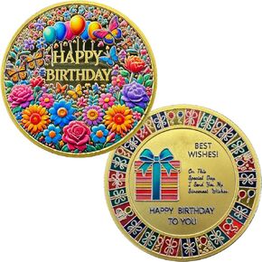 عملة تحدي 8pcs - عملة تذكارية لعيد الميلاد الذهبي - تصميم الأزهار الملون مع صندوق هدايا وبطاقة تحية - هدية عيد ميلاد مثالية للرجال والنساء