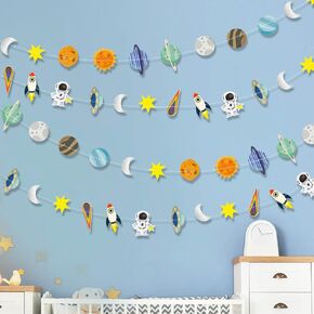 Galaxy Solar System Garland Paper Garland ، Rockets Rockets Stars Hanging Decoration ، انفجار إلى لافتة الفضاء الخارجي للأطفال لوازم عيد ميلاد غرفة نوم الأطفال