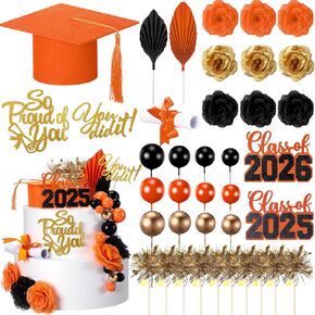 Sureio 48 PCS Cake Cake Toppers Class of 2025 Congrats Grad Cake Decorued Cap Cap Diploma Plows Flowers Calls Palk Leaves Sticks Kit for theme Party Supplies (Black)