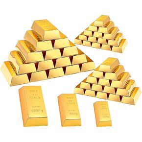 Honoson 48 PCS Bars Gold Bars Foy Goft Box Foil Gold Bar Party Box Paper Golden Treater Bhick Brick for Pirate Casino موضوع الحفلة الشوكولاتة الحلوى ، 5.5 "× 3.2" 4.7 "× 2.3" 3.5 "× 1.6"