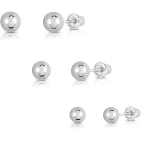 14k White Gold Ball Stud Earrings with Secure Screw-backs Bundle Set 3mm, 4mm and 5mm