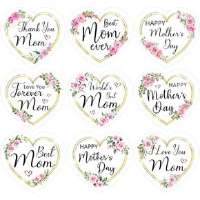 90Pcs Happy Mothers Day Stickers, Heart Shape Mothers Day Stickers Bulk, Floral Mother's Day Gift Label, Self-Adhesive Mother Sticker for Envelope Seals Gift Wrap Box Card Letter Decorations