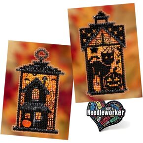 Moonstruck Manor و Taboo Kitty Beded Cross Cross Stitch Kits Mill Hill Autumn Harvest Collection ، بالإضافة إلى ملصق "Feedlework"