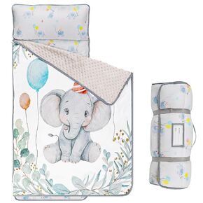 Todddler Nap Mat with Pillow and Minky Blanket, Kids Sleeping Bags for Preschool Daycare, Slumber Bags for Girls Boys Ages 3-7 Years, 55'' x 23'', Floral