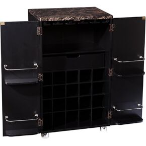 SEI Furniture Cape Town Bar المعاصر الخمور وخزانة النبيذ مع التخزين ، كونترتوب الرخام فو مع الانتهاء الأسود