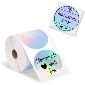Memoking 2" Holographic Silver Circle Thermal Label, Self-Adhesive Round Label, Circular Direct Thermal Printer Label for Logo Design, Name/Price Tag, Thanks Card,Address, QR Code, 400 Labels/Roll