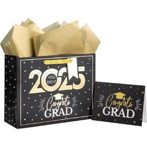 Loveinside Navy و Gold Treaugue Gift Bag - Gold Foil 2025 Design with Tissue Paper ، بطاقة تحية وعلامة لفئة 2025 موسم تخرج - 13 "× 5" × 10 "، 1 PCS