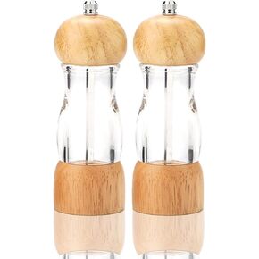 Salt Pepper Grinder Set, Manual Pepper mills Salt mills, Wooden and Acrylic, Zinc Alloy Handle Shakers, with Adjustable Coarse Ceramic Core, 2pcs-6inch