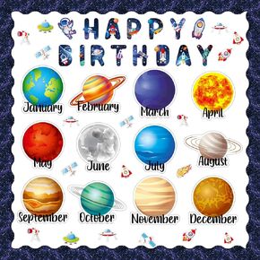 Kosiz 63 PCS Solar System Birthday Bulletin Board Setts Clutouts with Glue Point Space Birthday Birstroom Bulletin Display Solar System theme Birthday Chart Wall Decor