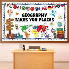 78Pcs Geography Takes You Places Bulletin Board Set World Map Classroom Decorations Travel Theme International Flags Paper Cutouts for Teacher Summer Back to School Chalkboard Wall Decor Supplies