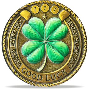 Good Luck Coin with Four Leaf Clover & Elephant – Motivational Lucky Charm for Prosperity and Success, Lottery Ticket Scratcher Tool