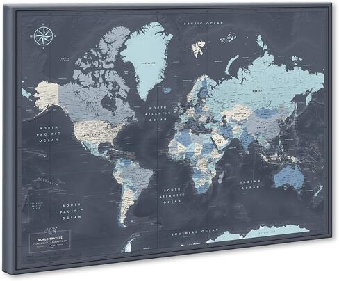 World Map Pin Board on Canvas - Bost World Map Push Board - Navy World Travel Map - (32 × 24) بواسطة خريطة المغامرة الدبوس in Kuwait