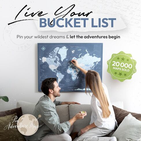 World Map Pin Board on Canvas - Bost World Map Push Board - Navy World Travel Map - (32 × 24) بواسطة خريطة المغامرة الدبوس in Kuwait