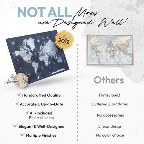 World Map Pin Board on Canvas - Bost World Map Push Board - Navy World Travel Map - (32 × 24) بواسطة خريطة المغامرة الدبوس in Kuwait