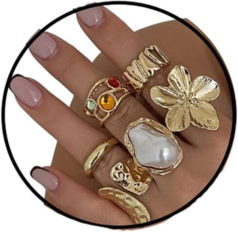 GYRMMUE Vintage Pearl Stacking Ring Set,Gold Plated White Baroque Pearl Finger Rings Irregular Adjustable Pearl Ring Dainty Statement Finger Ring Chunky Mid Ring for Women in Kuwait