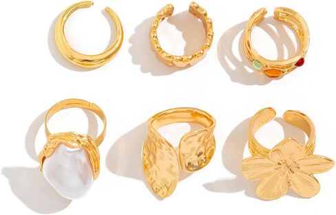 GYRMMUE Vintage Pearl Stacking Ring Set,Gold Plated White Baroque Pearl Finger Rings Irregular Adjustable Pearl Ring Dainty Statement Finger Ring Chunky Mid Ring for Women in Kuwait