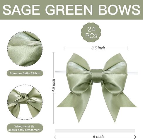 أقواس خضراء Sage مع تويست روابط 3.5 بوصة مزدوجة شريط الساتان مزدوج مسبقا لالتفاف الهدايا ، الحرف ، ديكور الزفاف ، أكياس علاج ، التفاح الحلوى ، الملوثات العضوية الثابتة للكعك ، تفضل الحفلات ، دش الطفل (24 حزمة) in Kuwait