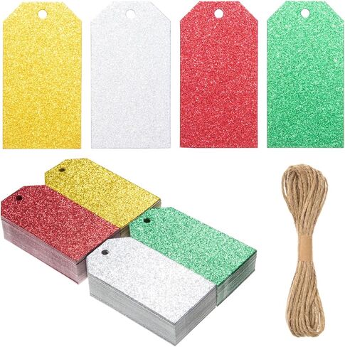 240 Pcs Glitter Gift Tags with String - Single Side Green Glitter Gift Tags Rectangle Hanging Present Label with Hole for DIY Crafts Christmas Holiday Present Wrapping,1.89x3.62 in Kuwait