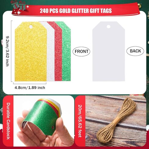 240 Pcs Glitter Gift Tags with String - Single Side Green Glitter Gift Tags Rectangle Hanging Present Label with Hole for DIY Crafts Christmas Holiday Present Wrapping,1.89x3.62 in Kuwait