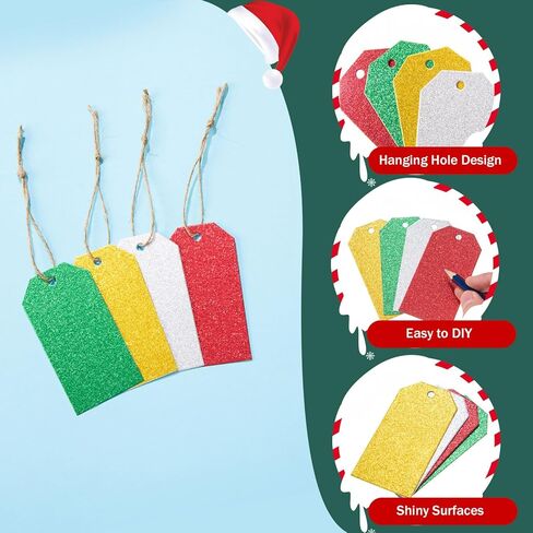 240 Pcs Glitter Gift Tags with String - Single Side Green Glitter Gift Tags Rectangle Hanging Present Label with Hole for DIY Crafts Christmas Holiday Present Wrapping,1.89x3.62 in Kuwait