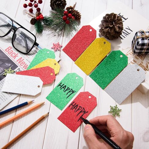 240 Pcs Glitter Gift Tags with String - Single Side Green Glitter Gift Tags Rectangle Hanging Present Label with Hole for DIY Crafts Christmas Holiday Present Wrapping,1.89x3.62 in Kuwait