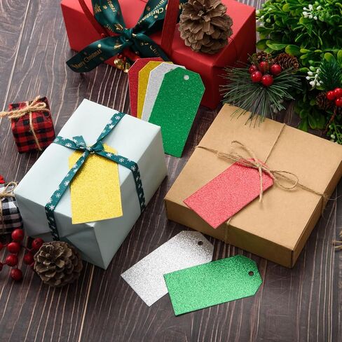 240 Pcs Glitter Gift Tags with String - Single Side Green Glitter Gift Tags Rectangle Hanging Present Label with Hole for DIY Crafts Christmas Holiday Present Wrapping,1.89x3.62 in Kuwait