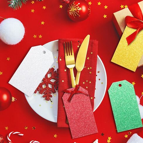 240 Pcs Glitter Gift Tags with String - Single Side Green Glitter Gift Tags Rectangle Hanging Present Label with Hole for DIY Crafts Christmas Holiday Present Wrapping,1.89x3.62 in Kuwait