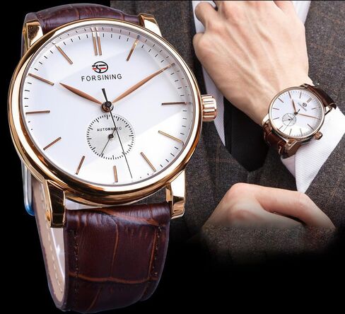 Men's Minimalist White Dial Automatic Watch Stainless Steel with Leather Strap Mechanical Watch for Men in Kuwait