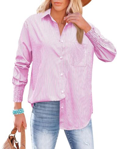 OMSJ Women’s Striped Button Down Shirts Smocked Cuffed Sleeve Stylish Collared Office Work Blouses with Pocket in Saudi Arabia