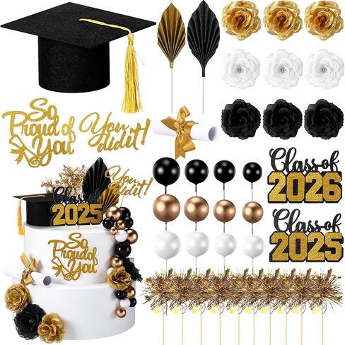 Sureio 48 Pcs Graduation Cake Toppers Class of 2025 Congrats Grad Cake Decor Graduation Cap Diploma Artificial Flowers Cards Balls Palm Leaves Firework Sticks Kit for Theme Party Supplies(Black) in Saudi Arabia