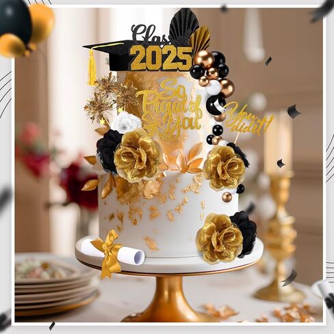 Sureio 48 Pcs Graduation Cake Toppers Class of 2025 Congrats Grad Cake Decor Graduation Cap Diploma Artificial Flowers Cards Balls Palm Leaves Firework Sticks Kit for Theme Party Supplies(Black) in Saudi Arabia