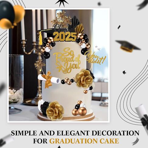 Sureio 48 Pcs Graduation Cake Toppers Class of 2025 Congrats Grad Cake Decor Graduation Cap Diploma Artificial Flowers Cards Balls Palm Leaves Firework Sticks Kit for Theme Party Supplies(Black) in Saudi Arabia
