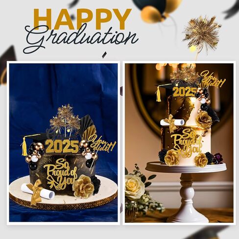 Sureio 48 Pcs Graduation Cake Toppers Class of 2025 Congrats Grad Cake Decor Graduation Cap Diploma Artificial Flowers Cards Balls Palm Leaves Firework Sticks Kit for Theme Party Supplies(Black) in Saudi Arabia