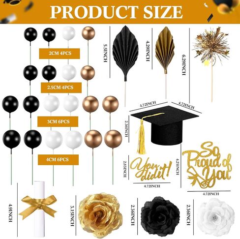 Sureio 48 Pcs Graduation Cake Toppers Class of 2025 Congrats Grad Cake Decor Graduation Cap Diploma Artificial Flowers Cards Balls Palm Leaves Firework Sticks Kit for Theme Party Supplies(Black) in Saudi Arabia