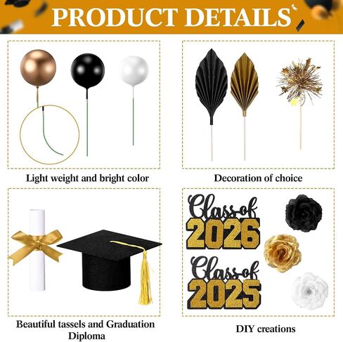 Sureio 48 Pcs Graduation Cake Toppers Class of 2025 Congrats Grad Cake Decor Graduation Cap Diploma Artificial Flowers Cards Balls Palm Leaves Firework Sticks Kit for Theme Party Supplies(Black) in Saudi Arabia