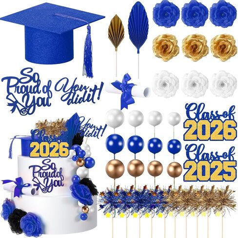 Sureio 48 PCS Cake Cake Toppers Class of 2025 Congrats Grad Cake Decorued Cap Cap Diploma Plows Flowers Calls Palk Leaves Sticks Kit for theme Party Supplies (Black) in Kuwait