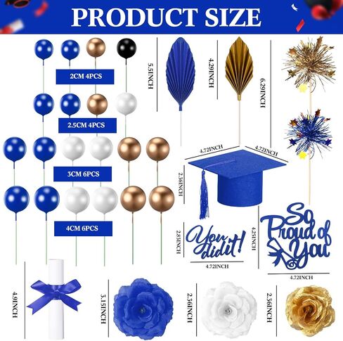 Sureio 48 PCS Cake Cake Toppers Class of 2025 Congrats Grad Cake Decorued Cap Cap Diploma Plows Flowers Calls Palk Leaves Sticks Kit for theme Party Supplies (Black) in Kuwait
