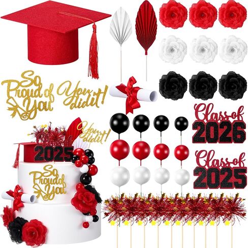 Sureio 48 PCS Cake Cake Toppers Class of 2025 Congrats Grad Cake Decorued Cap Cap Diploma Plows Flowers Calls Palk Leaves Sticks Kit for theme Party Supplies (Black) in Kuwait