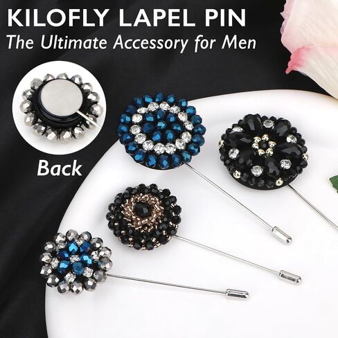 kilofly 4 pc Men's Lapel Pin Rhinestone Crystal Wedding Suit Boutonniere Brooch in Kuwait
