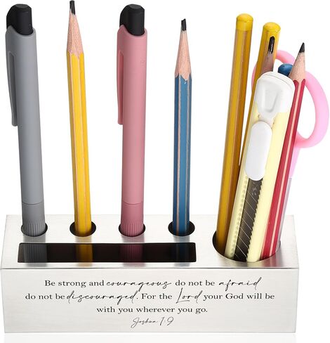 YODOCAMP Joshua 1:9 Bible Verse Pen and Pencil Holder, Inspirational Scripture Desk Organizer, Motivational Gift for Teachers, Pastors, Graduates Be Strong and Courageous Pen Holder TZC106 in Kuwait