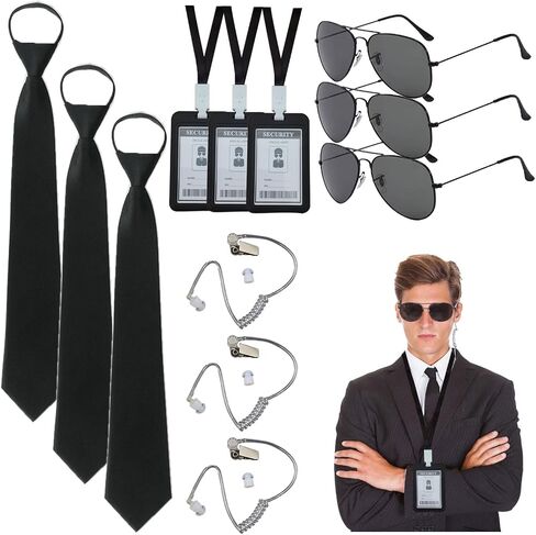 Agent Costume Set Secret Security Service Outfit Accessory Kit Includes Zipper Tie Black Sunglasses Earpiece and ID Card in Kuwait