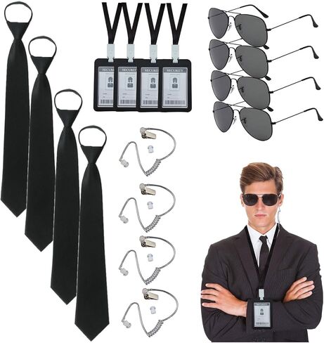 Agent Costume Set Secret Security Service Outfit Accessory Kit Includes Zipper Tie Black Sunglasses Earpiece and ID Card in Kuwait