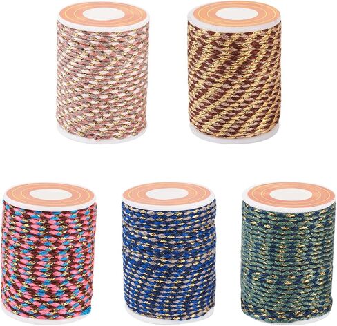 Pandahall 5 Rolls 1.5mm Metallic Macrame Cords Colorful Bakers Twine 4 Strand Twisted Soft Cotton Twine String Metallic Polyester Rope for Bracelet Jewelry Wall Hangings Present Wrapping in Saudi Arabia
