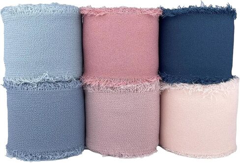 Chiffon Ribbon 6 Rolls Multicolor 1-1/4" x5 Yd Frayed Edges Ribbons for Wrapping Wedding Invitations Bridal Bouquets Crafts Gifts Holiday Party Decorations Blue, Pink in Saudi Arabia