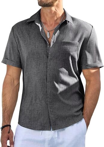 Men's Short Sleeve Shirts Casual Solid Color Button Down Shirt for Men Beach Summer Shirt with Pocket in Kuwait