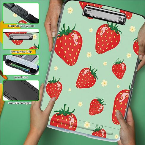Clipboard with Storage, Plastic Clipboards with Pen Holder, High Capacity Storage Box with Low Profile Clip Smooth Writing Clip Board for Office Teacher Nurses, Strawberry Floral in Kuwait