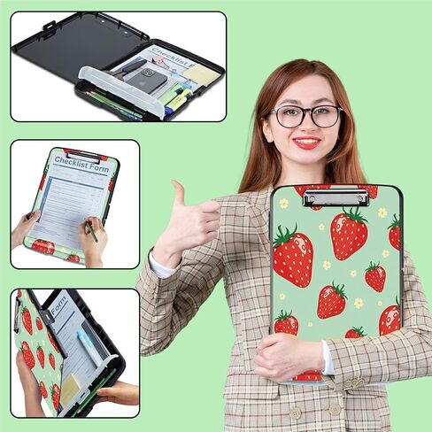 Clipboard with Storage, Plastic Clipboards with Pen Holder, High Capacity Storage Box with Low Profile Clip Smooth Writing Clip Board for Office Teacher Nurses, Strawberry Floral in Kuwait